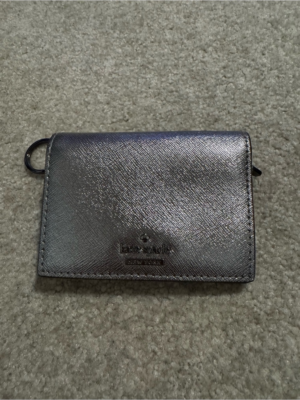 Kate Spade Metallic Silver Keyring Card Holder Wallet Snap Closure-3x4.25x1”